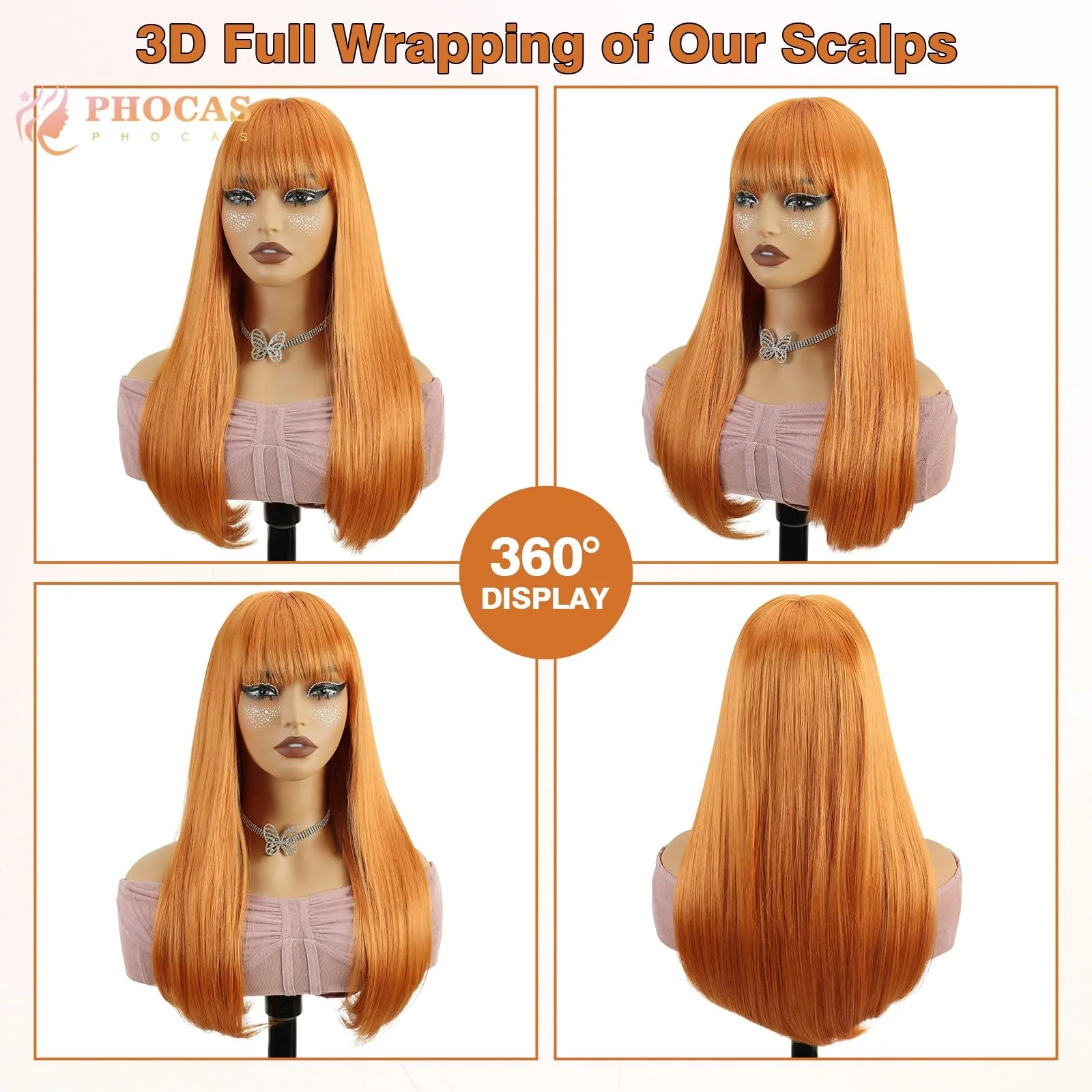 Orange synthetic wig for straight hair, Halloween wig, cosplay wig, role-playing party, high-temperature hairpiece set
