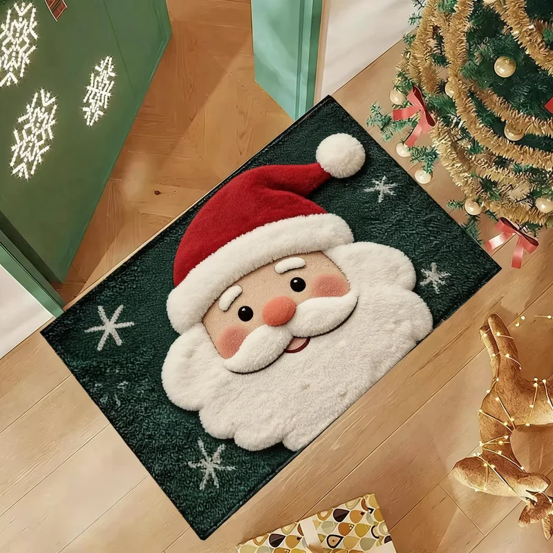 VIKAMA Santa Claus Face Doormat Green Snowflake Pattern Non Slip Entrance Rug Flannel Xmas Holiday Floor Mat Front Door Outdoor
