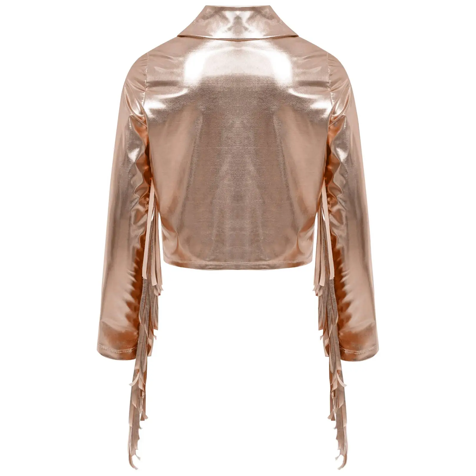 Jazz Latin Modern Dance Girls Tassels Metallic Jacket Corp Tops Shiny Long Sleeve Zipper Fringe Coat for Dance Birthday Party