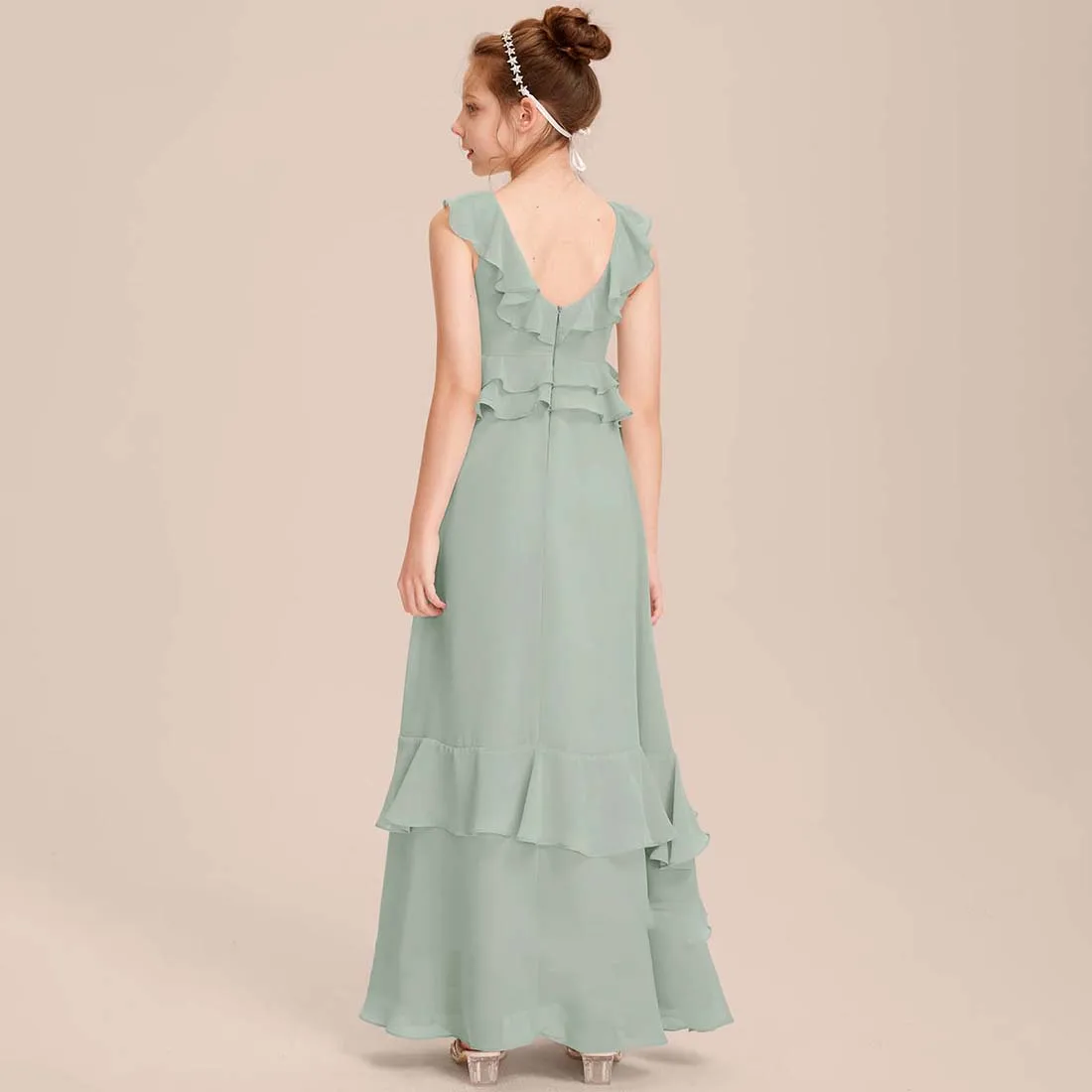 YZYmanualroom Chiffon Junior Bridesmaid Dress With Cascading Ruffles A-line Scoop Floor-Length 2-15T