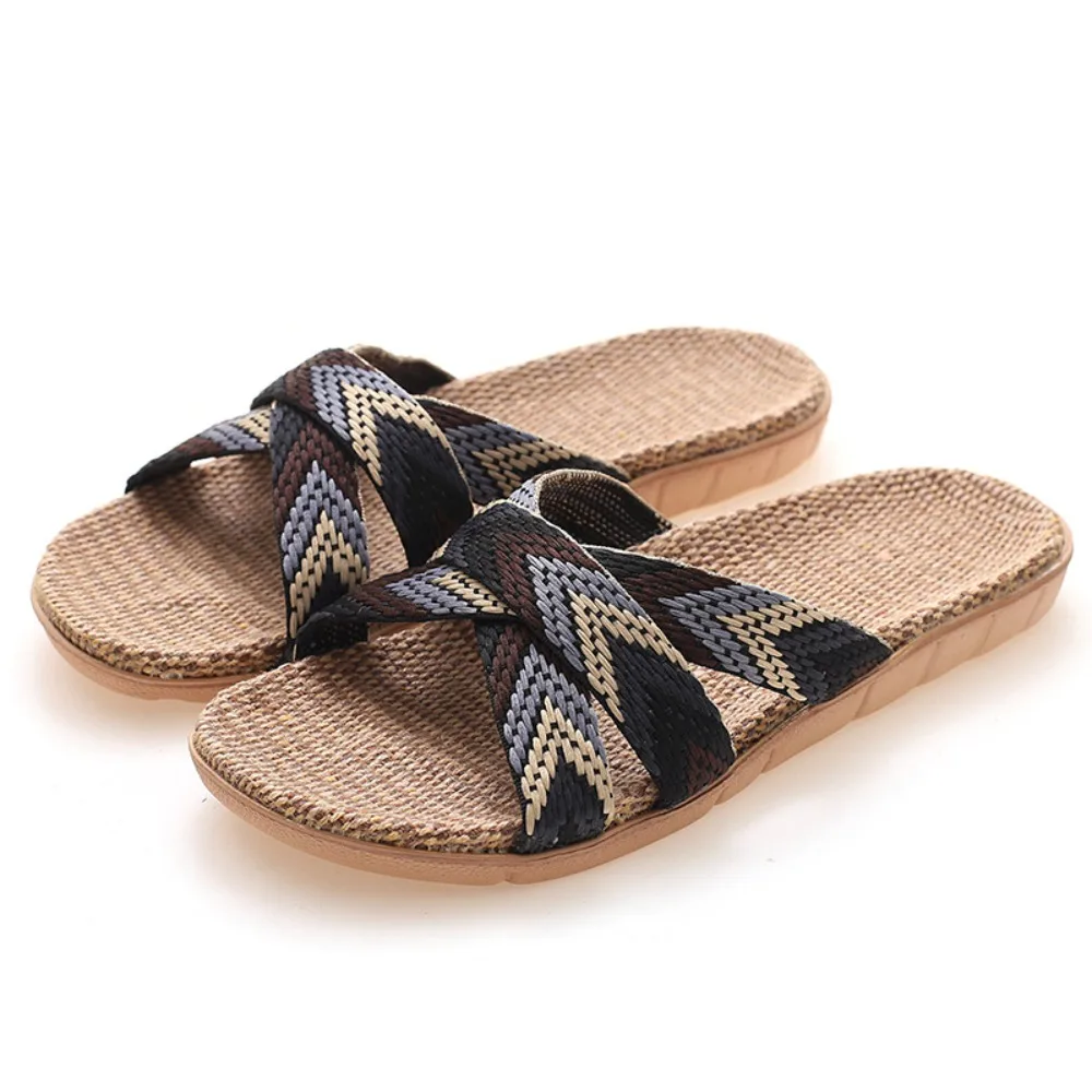

Fashion Ethnic Style Linen Slippers Non-Slip Soft Indoor Slippers Sandals Sweat Absorption Flat Slippers Home