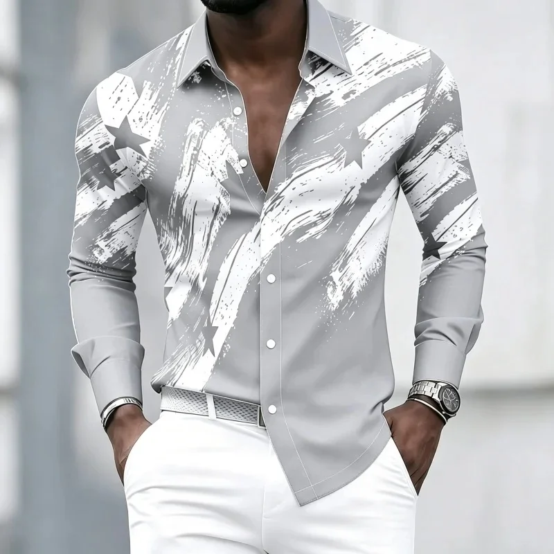 Men's shirt with brushstroke stripes and five-pointed star print, suitable for everyday wear and parties, long-sleeved collared