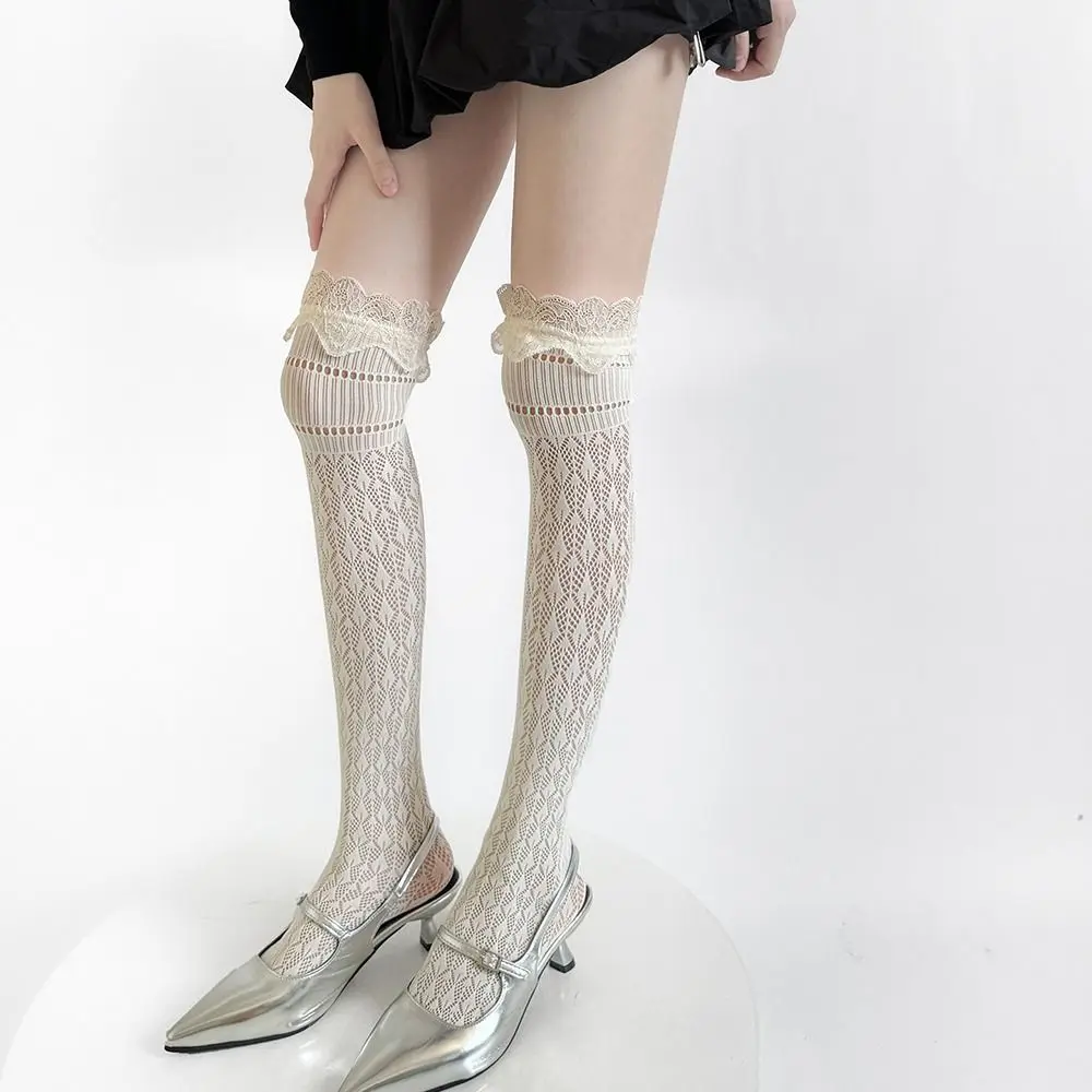 Fashionable Lace Trim Knee-high Socks Hollow Out Breathable Long Socks Soft Odor-resistant Retro Stockings Fall Winter