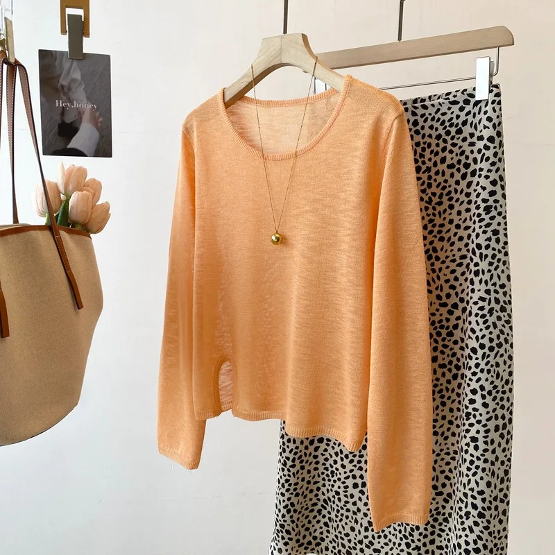 

Dave&di 26 Summer New Product Dopamine Color Knitted Shirt Round Neck Side Button Long Sleeve Sunscreen Cover