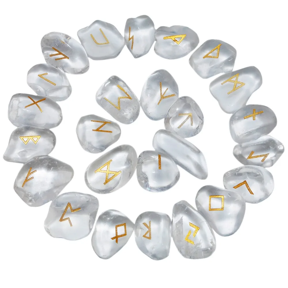 TUMBEELLUWA 1set (25Pcs) Natural Rock Quartz Engraved Rune Stones Healing Reiki Crystal Tumbled Stones Jewelry Fingurines