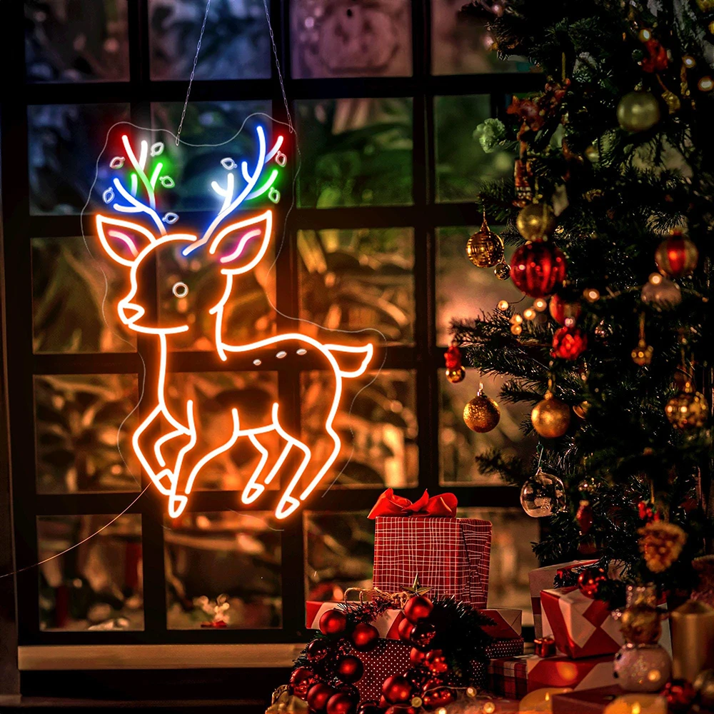 Colorful Reindeer Neon Sign Cute Deer Neon Light Christmas Reindeer LED Neon Custom Home Christmas Party Decoration Light Sign