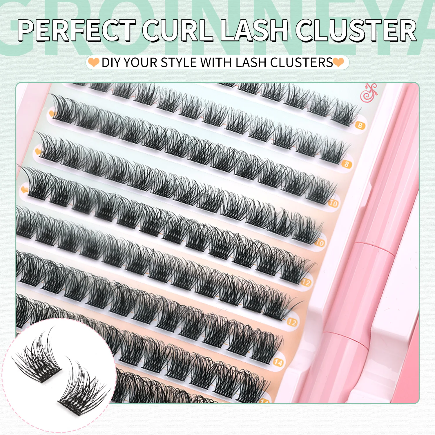 GROINNEYA Flauschiges Wimperncluster-Set mit wasserdichtem, starkem Halt, DIY-Wimpernverlängerungsset, Wimpernbindung, Versiegelung und Wimpernpinzette, Make-up – Detail 5