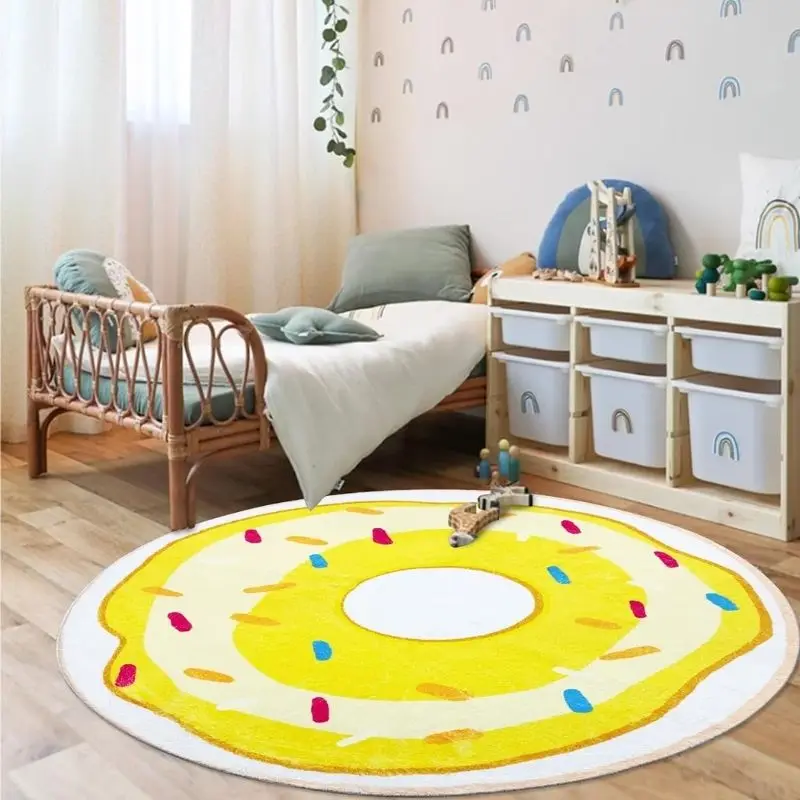 Donuts Hairy Nursery Play Mats For Children，Yellow Kids Rugs，Plush Baby Bedroom Beside Rug,Round Fluffy Carpet For Living Room