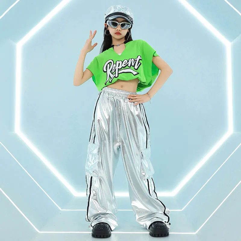 Filles Hip Hop haut court brillant en cuir PU Cargo pantalon garçons T-shirt rue danse Joggers enfants Streetwear enfants Jazz vêtements ensembles