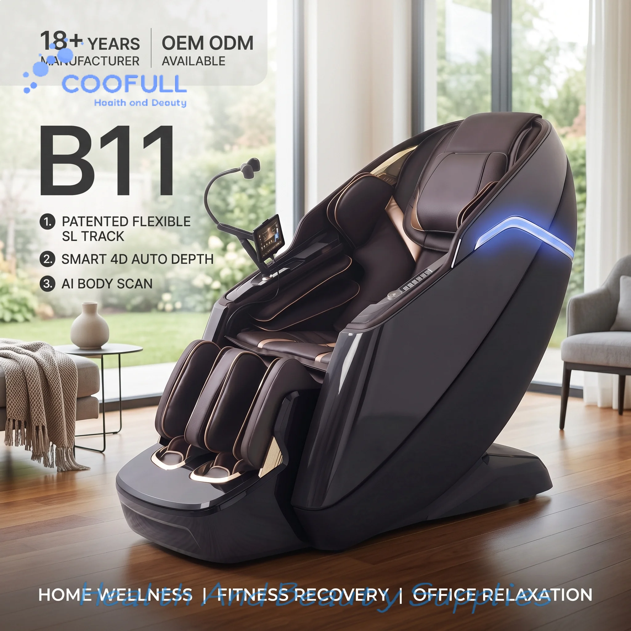 Coofull Extra Wide Real 4D Electric Massage Chair with AI Body Scan SL Track Zero Gravity Full Body Airbags Heating Foot Massage
