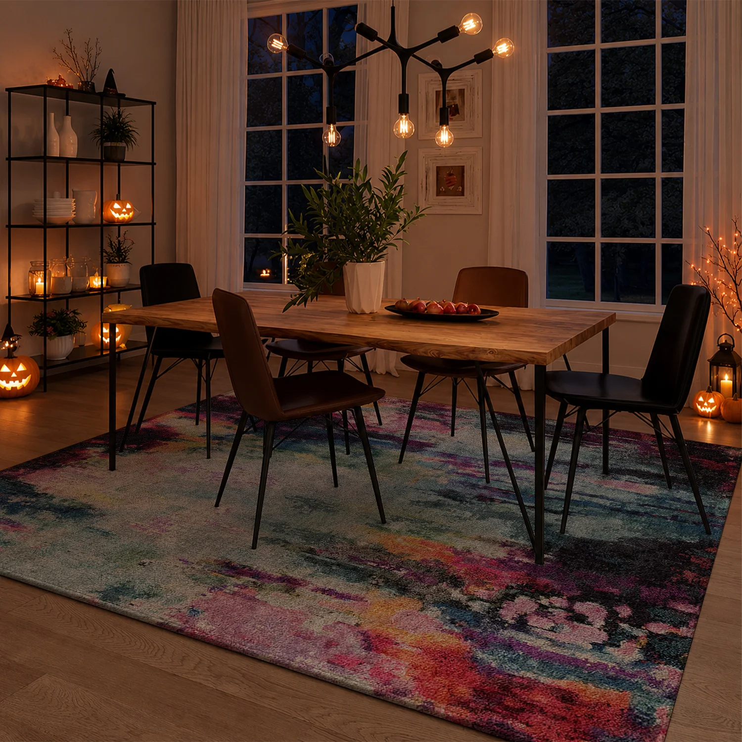Large Indoor Area Rug, Soft Velvet Low Pile Floor Rug with Non-slip Dotted Backing, Vibrant Multicolor Abstract Impressionist Art, Machine Washable for Living Room, Bedroom, Home Decor