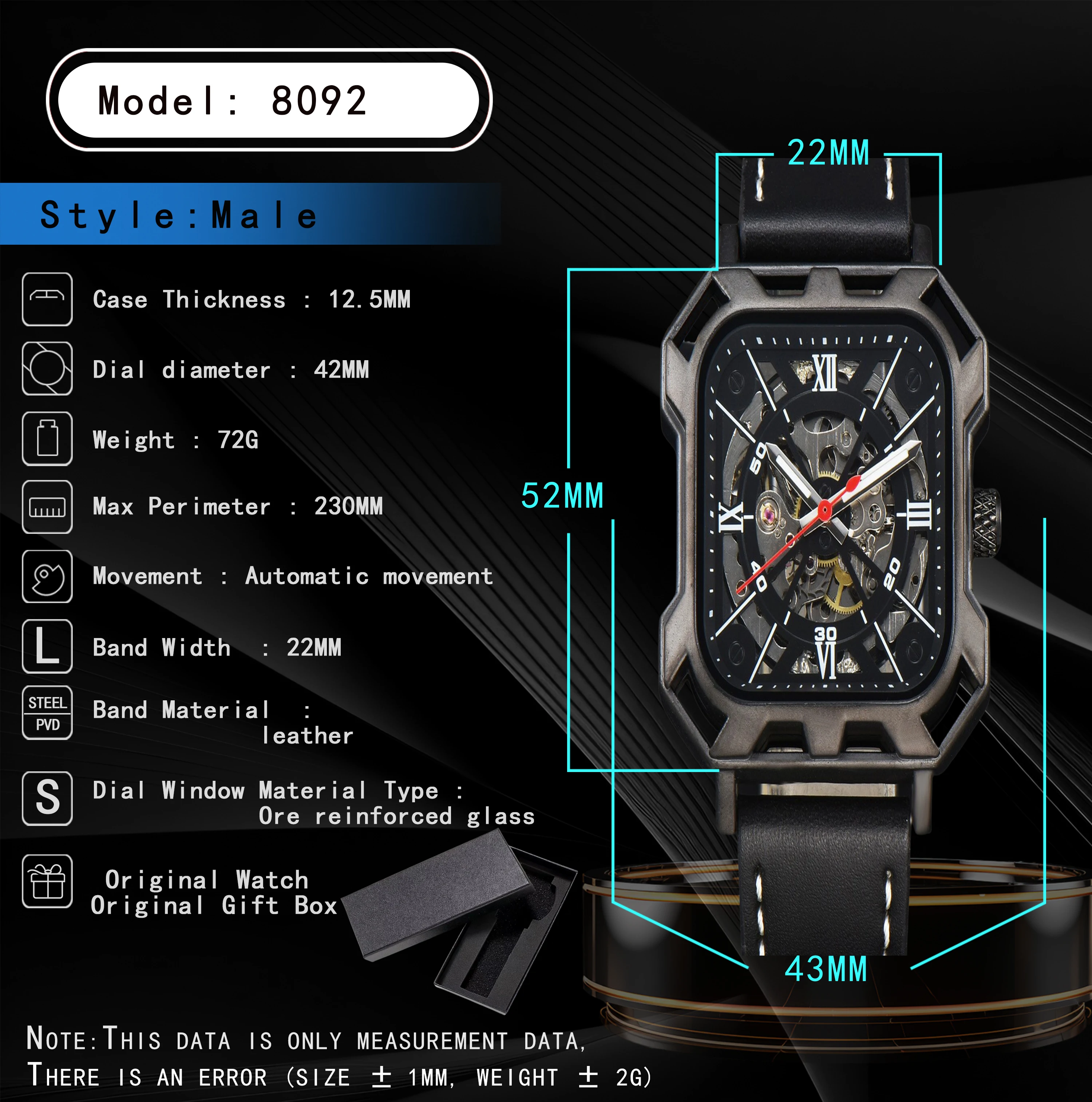 men watch luxury men watches 2024 mechanical wristwatches cool square watch mens sport watch waterproof leathers no logo watch