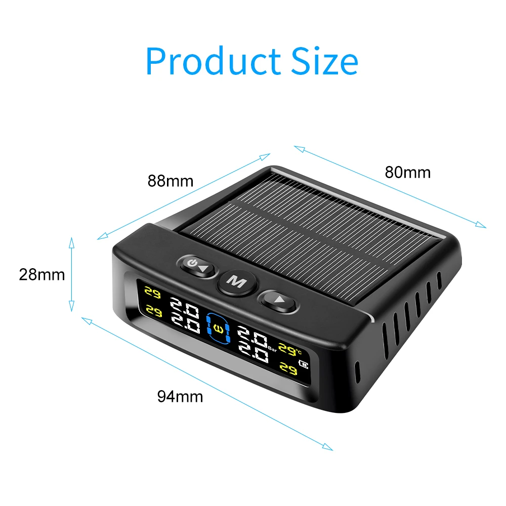 Solar Powered Tire Pressure Monitoring System Car TPMS Tyre Temperature Monitor Auto Security Alarm Systems LCD Display