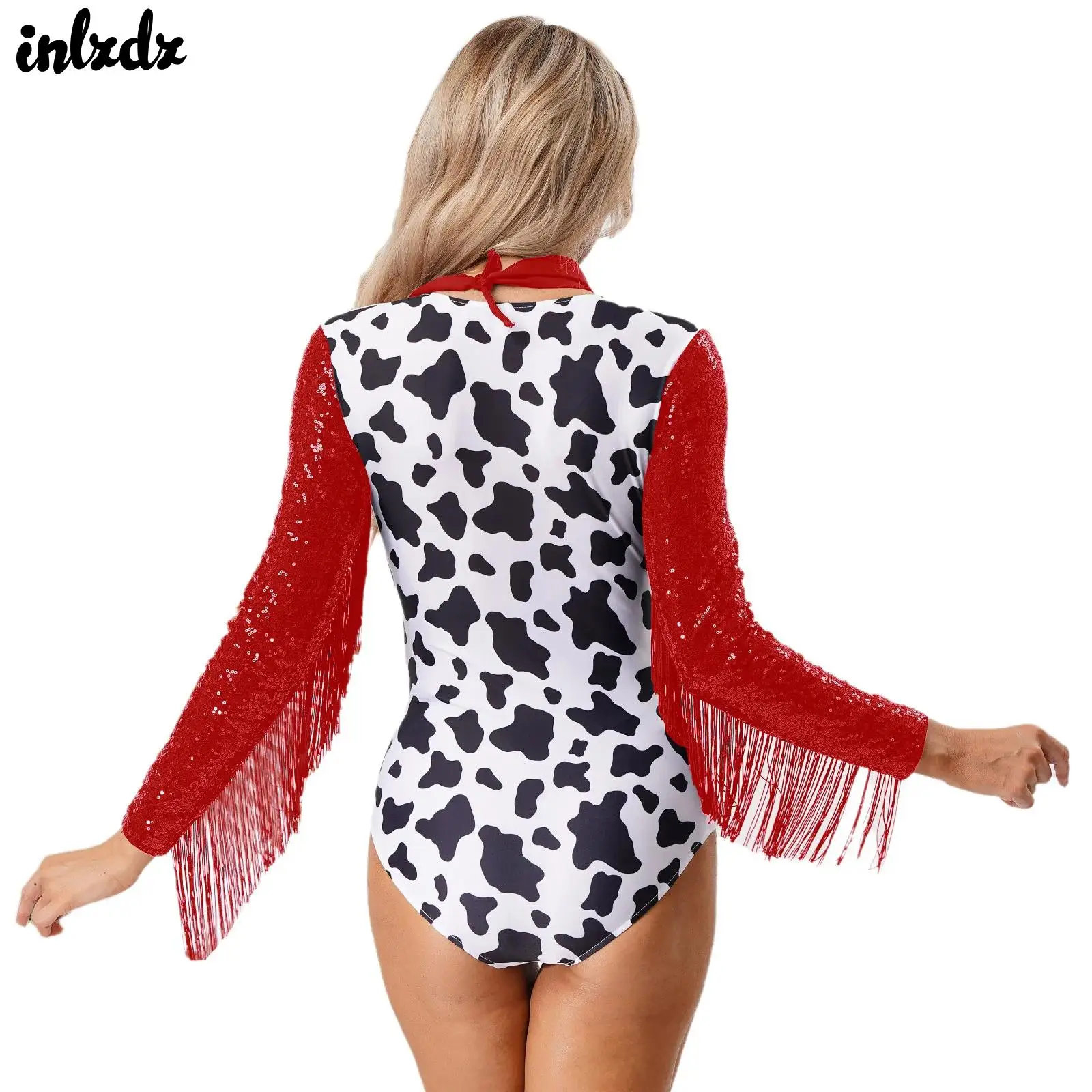 

Womens Western Cowgirl Clown Halloween Cosplay Costume Shiny Sequins Tassels Circus Devil Killer Bodysuit with Scarf Clubwear