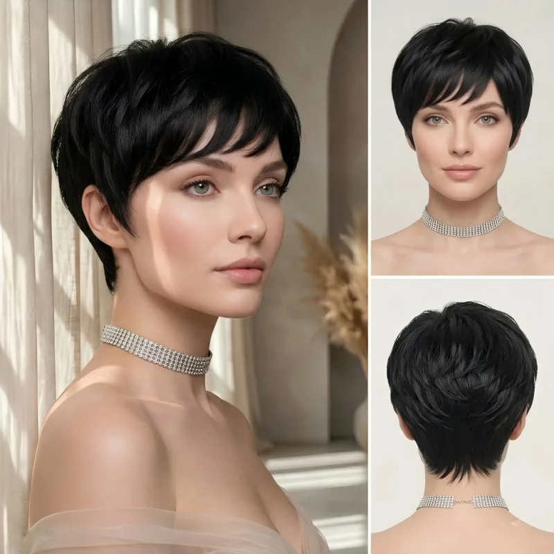 

Black Wavy Pixie Cut Wig With Bangs Glueless Layered Synthetic Hair Natural Fashion Daily Wig for Women