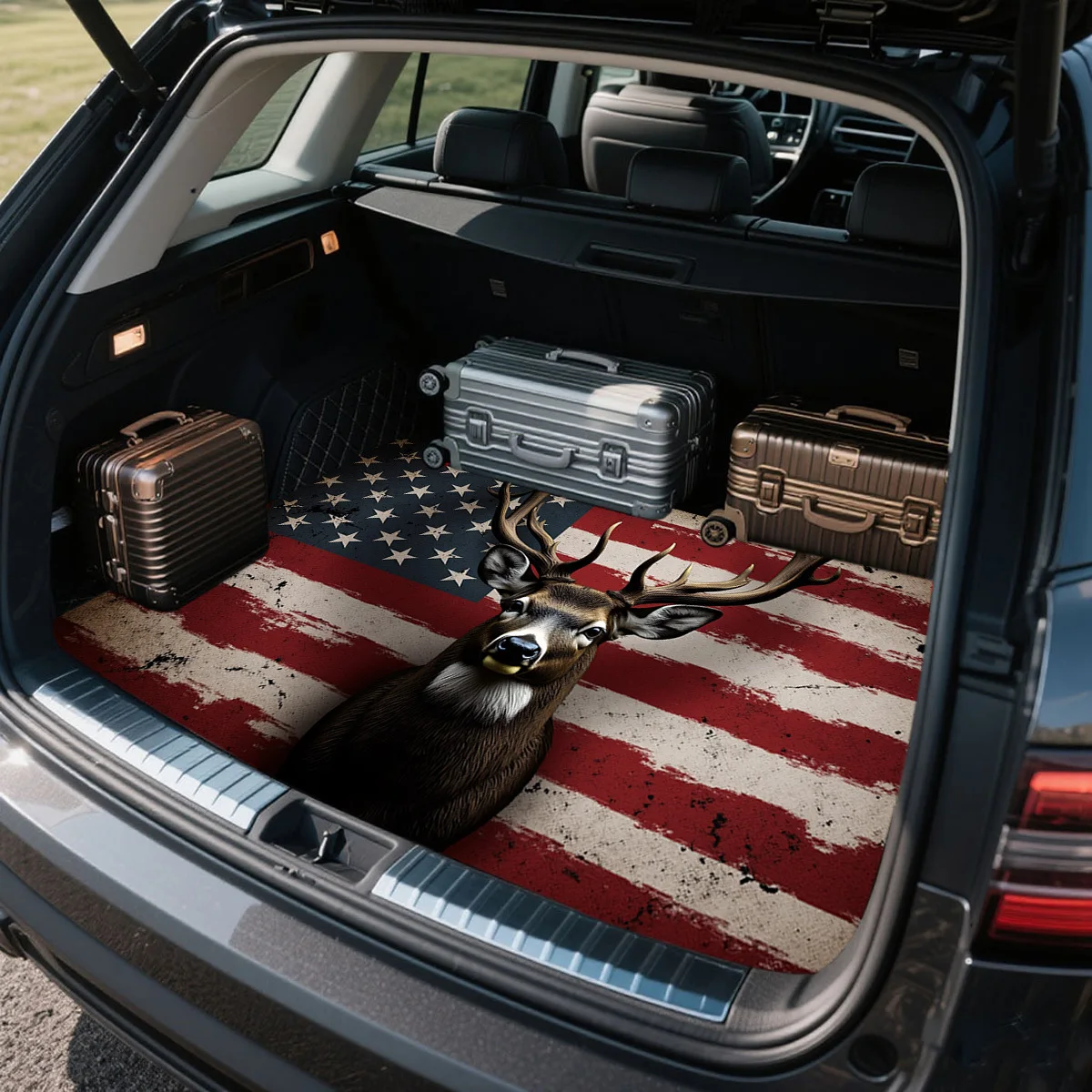 1pc Deer Head Logo + American Flag Pattern Trunk Mat - Suitable For Most Car Models, Measuring 29.53X39.37 Inches, Made Of Durab
