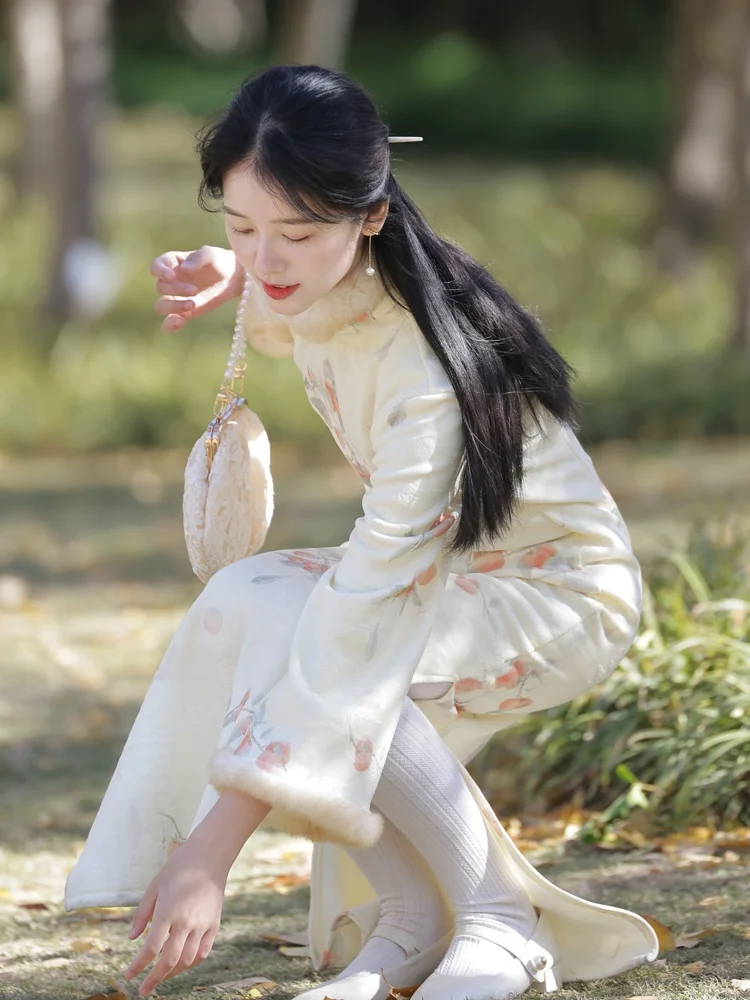 

Young Sle Fce Lined Long Sve Dr Waist Cinched Chinese Sle Winter 2024 Daily Wear Vintage Length Midi