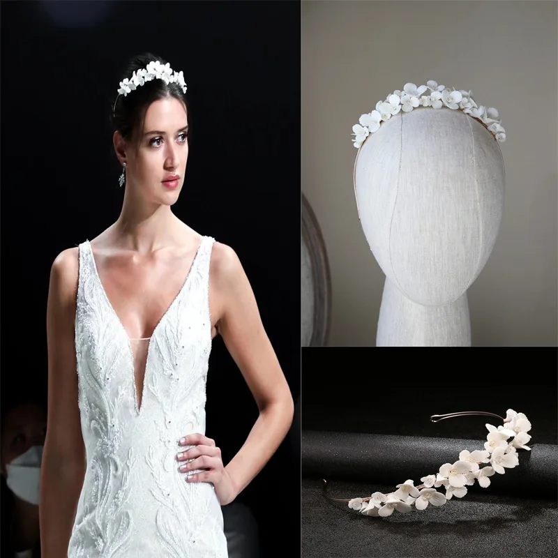 SLBRIDAL Handmade Ins Style Luxury Rhinestone Crystal Porcelain Flower Bridal Tiara Wedding Bridesmaids Crown Women Hair Jewelry