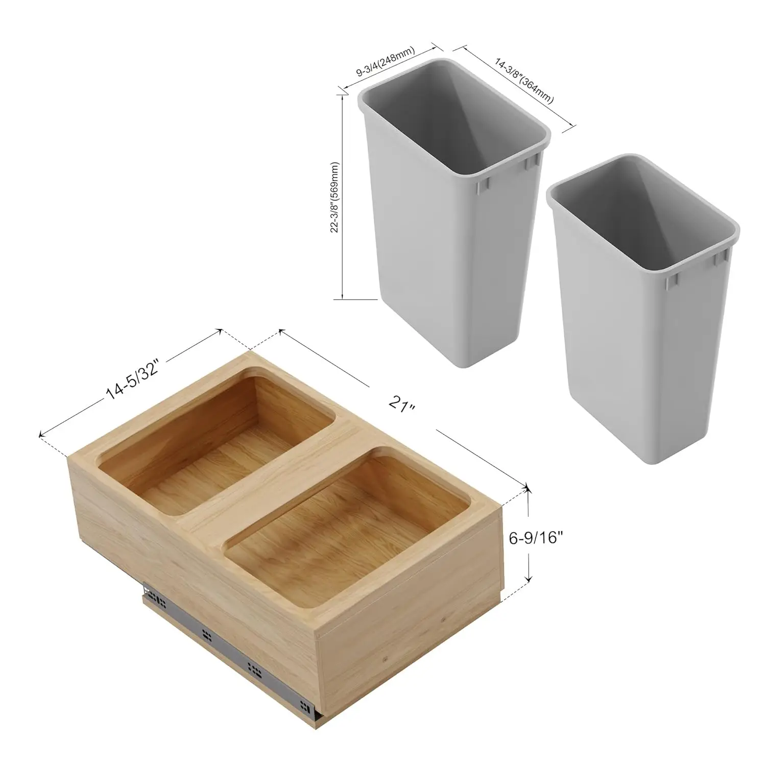 Dowell Double 50L Undermount Trash Pull-Out Waste Container with Full Extension Soft-Close Slides, Bottom Mounted,