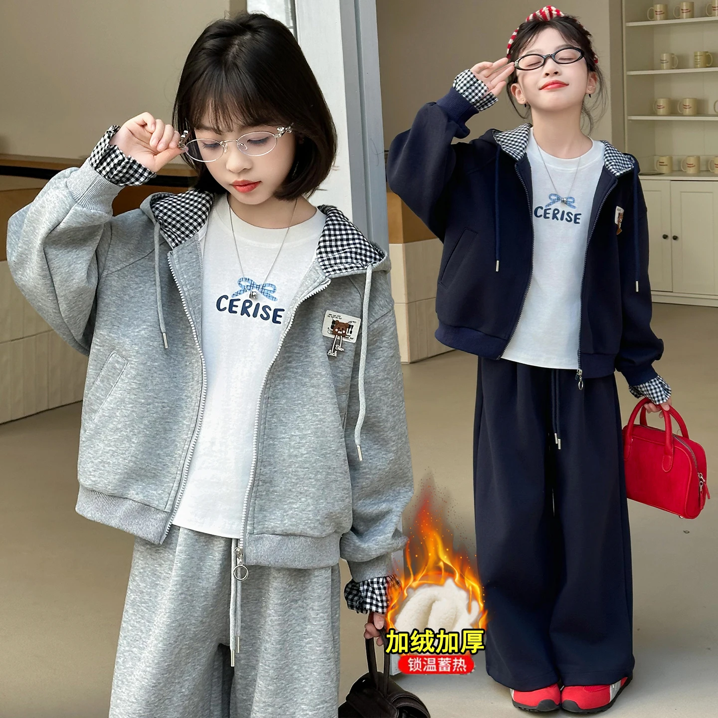 autumn winter teen girl plush sport clothes suit thicken plush hooded jacket+wide-leg pants 2piece set chid kid clothing outfits