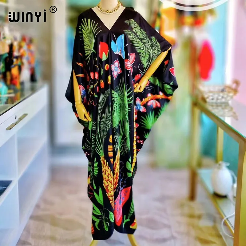 WINYI-Women\'s Retro Printed Party Long Dress,Elegant Kaftan,  V Neck, Long Sleeve,Ladies Fashion,Beach Dress,Summer,party dress