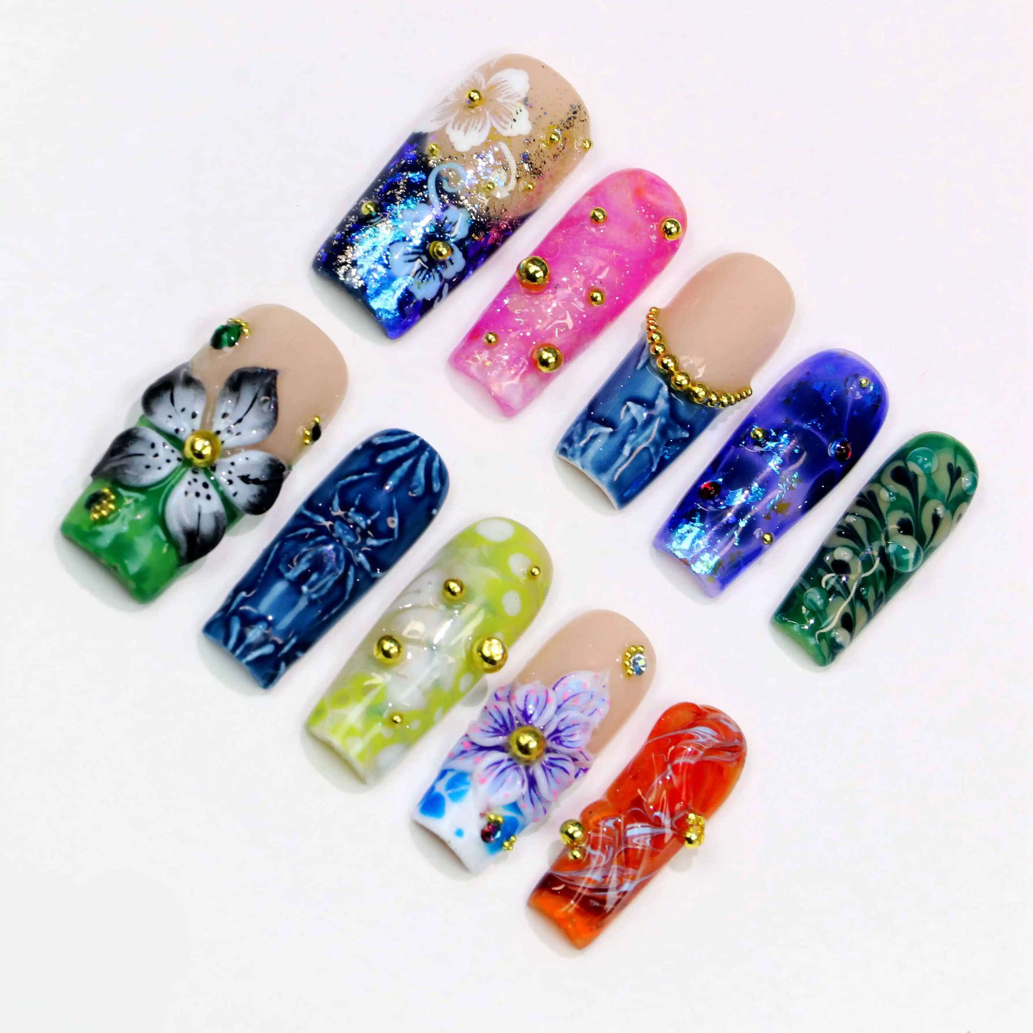 10 قطعة ثلاثية الأبعاد جميلة اليدوية مانيكير الصحافة على الأظافر ، الاكريليك وهمية رسمت باليد طويل التابوت الزهور تصميم مخصص نمط الحرة مسمار