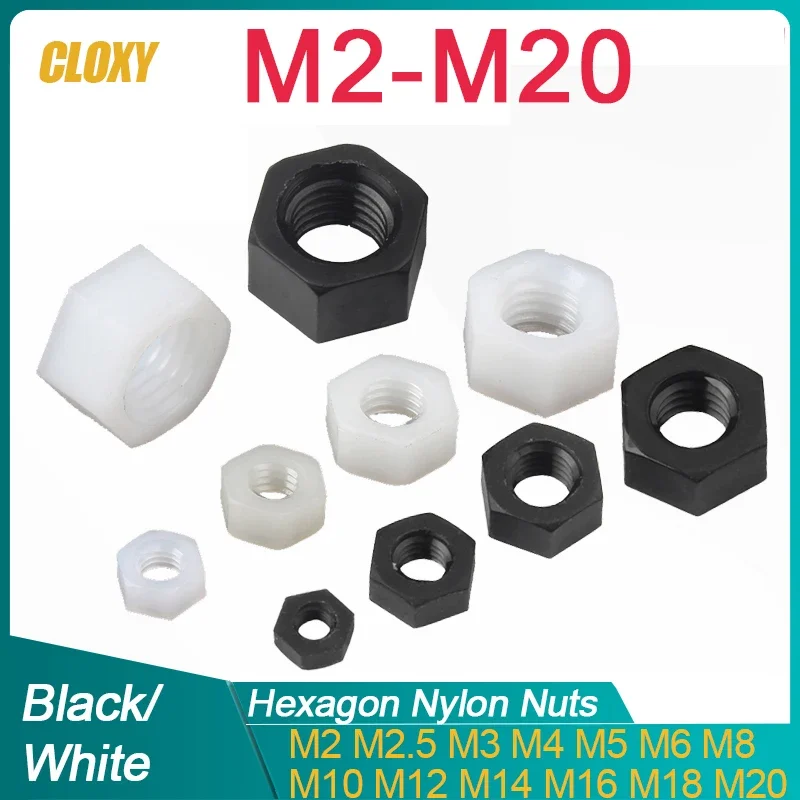 5-50pcs M2 M2.5 M3 M4 M5 M6 M8 m10 m12 M14 M16 M18 M20 White Or Black Plastic Nylon Hex Hexagon Nut DIN934