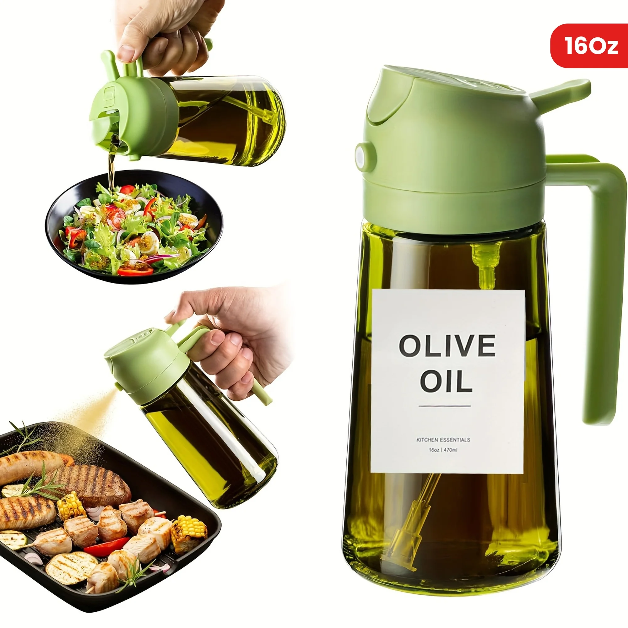 Dispensador de aceite de oliva de vidrio para cocina, botella de aceite 2 en 1 y pulverizador de cocina, tapa abatible automática, verde oliva de 16 oz con etiquetas adhesivas