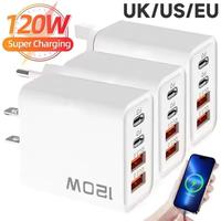 120W Quick Charge 3.0 PD Fast Charger 4-Port USB C Wall Phone Adapter Plug for iPhone 16 15 Pro Max Samsung Galaxy S24 Xiaomi 15