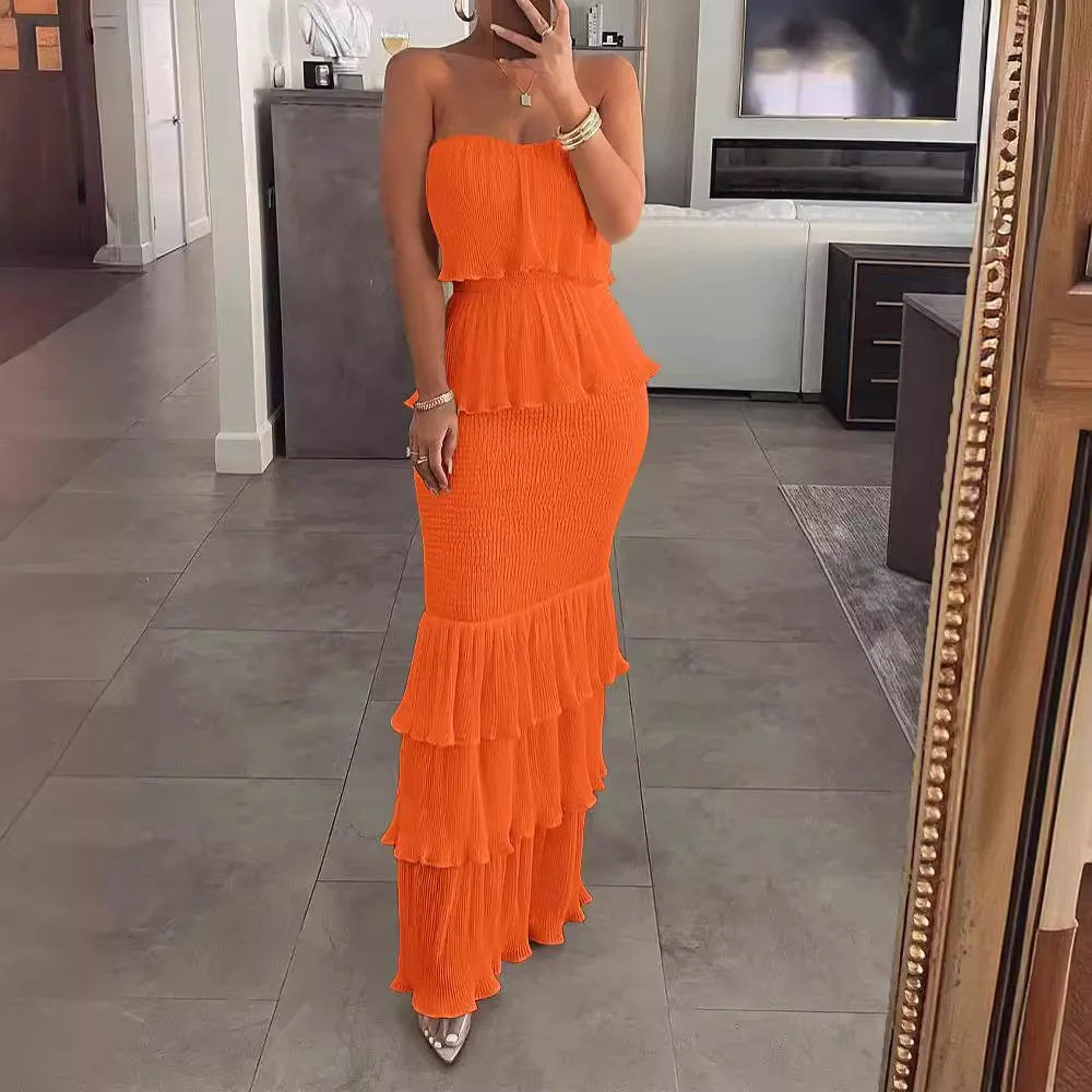 Womens Dresses 2024 Summer Fashion Temperament Solid Color Sexy Bandeau Sleeveless Slim Fit Shirred Ruffle Layered Long Dress