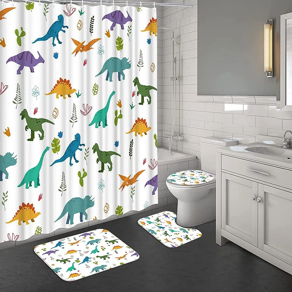 Teal Gray Rose Shower Curtain Sets with Non-Slip Rug Toilet Lid Cover Bath Mat Shower Curtains Waterproof Bathroom with Hooks