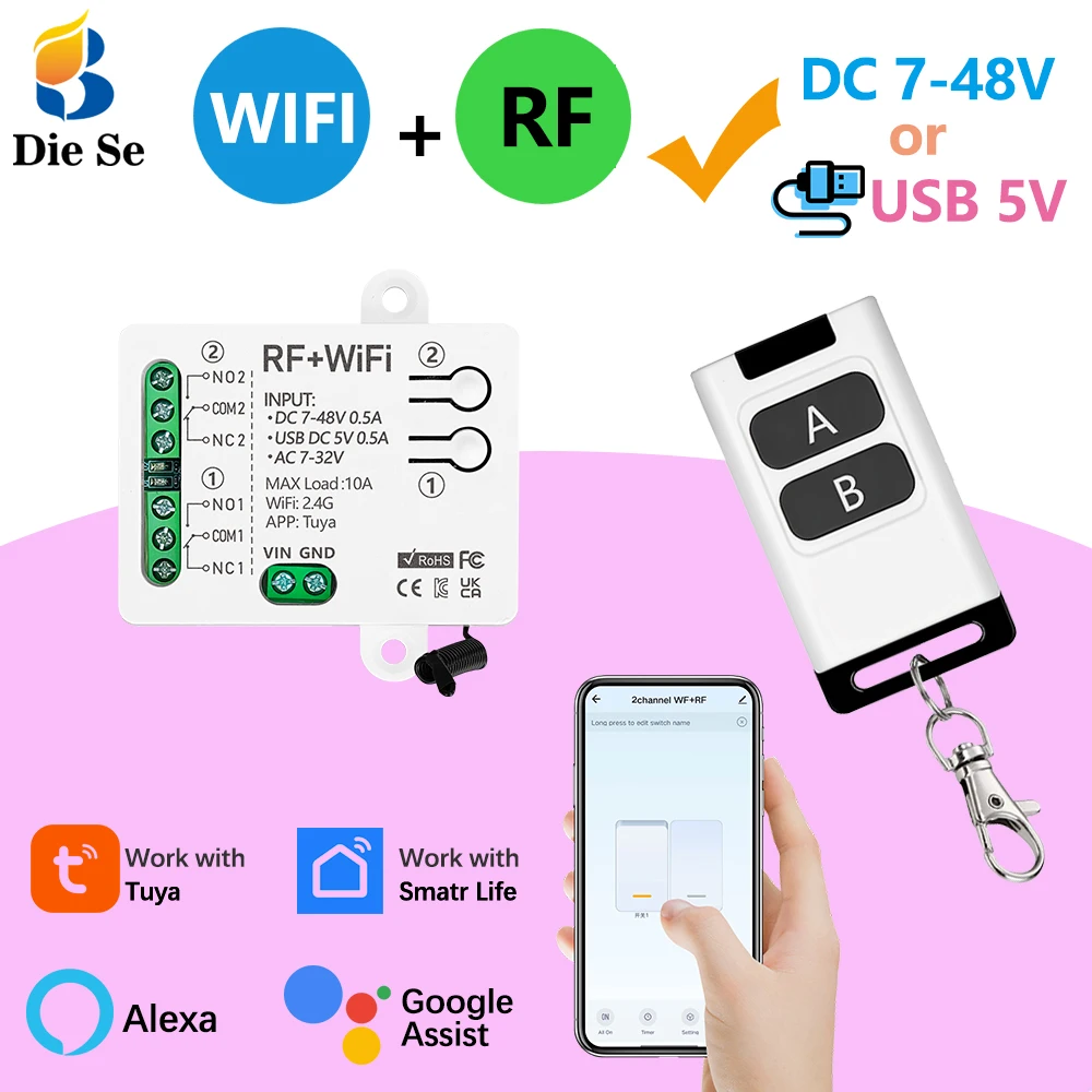 Tuya WiFi Smart Switch DC 12V 24V 2Channels Dry Contact Relay Receiver Wireless Remote Control Switch Work with Smart Life, Alex