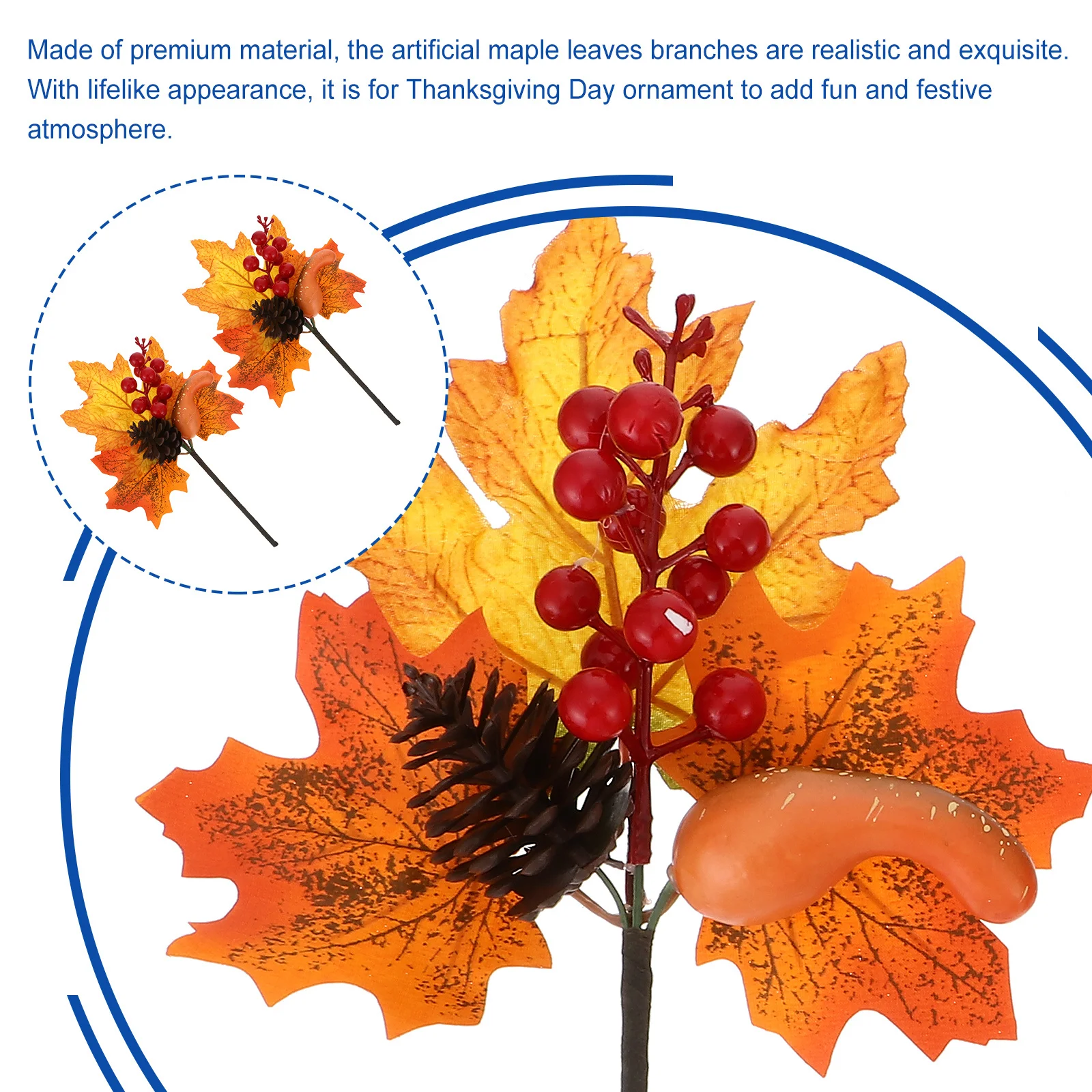 

2Pcs Artificial Maple Leaves Branches Harvest Fall Picks Realistic Pinecone Berries Autumn Thanksgiving Day Decoration