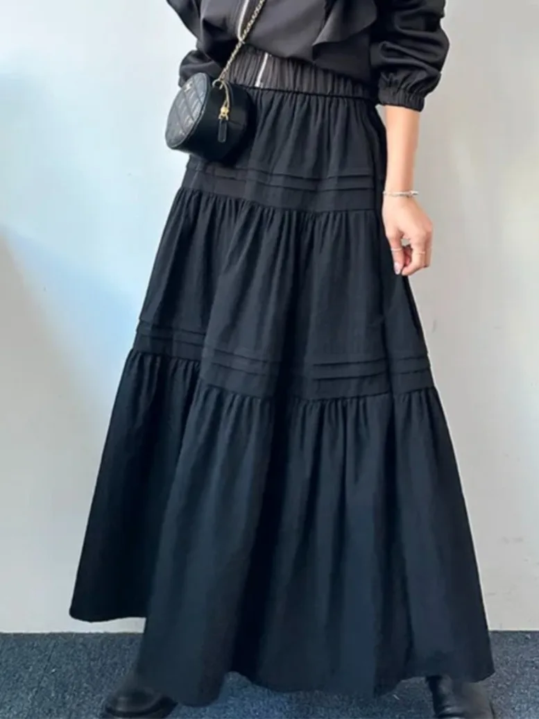 Elegancka spódnica midi o kroju litery A z wysokim stanem, wyszczuplająca, uniwersalna, plisowana, łączona, o długości do połowy łydki, w stylu koreańskim, idealna do pracy.