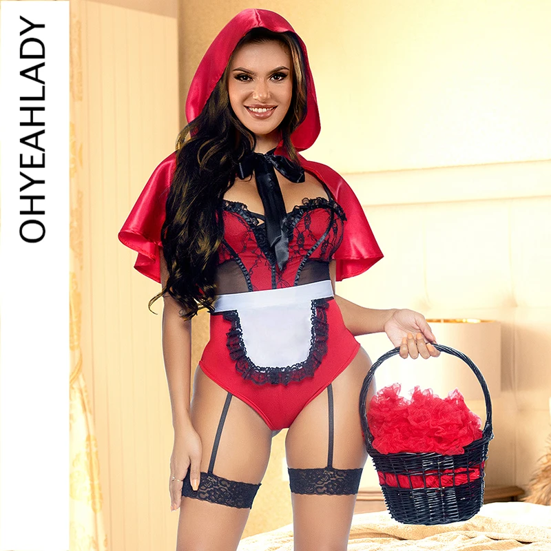 

Ohyeahlady Cosplay Red Riding Hood Costumes Halloween Christmas Adult Plus Size Bodysuit Garter Lingerie Sexy Maid Teddy Outfit