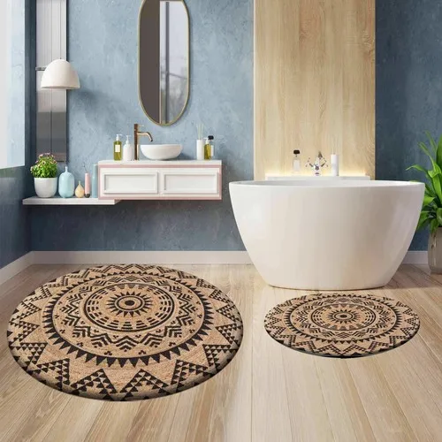 Else Carpet Authentic Brown Ethnic Jute Straw Looking Round Bath Mat & Rug