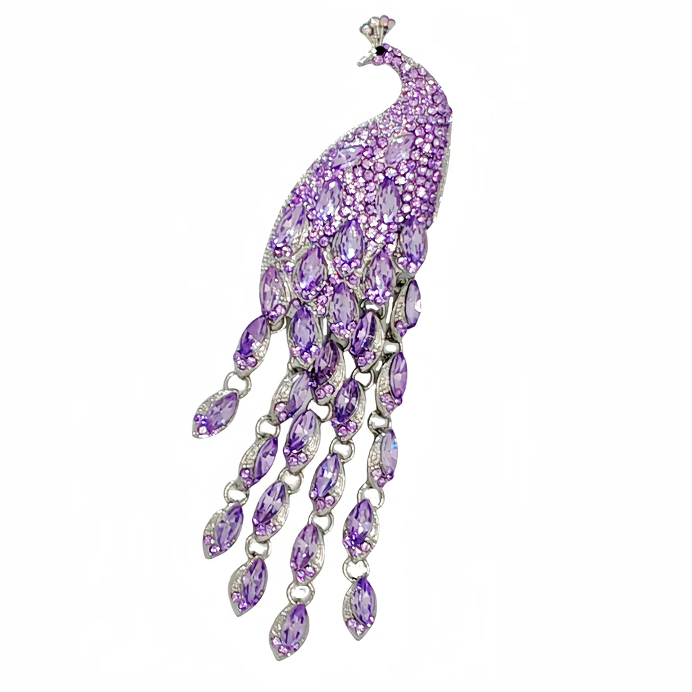 

Splendid Large Amethyst Rhinestone Peacock Brooch with Long Tail Statement Animal Bird Jewelry