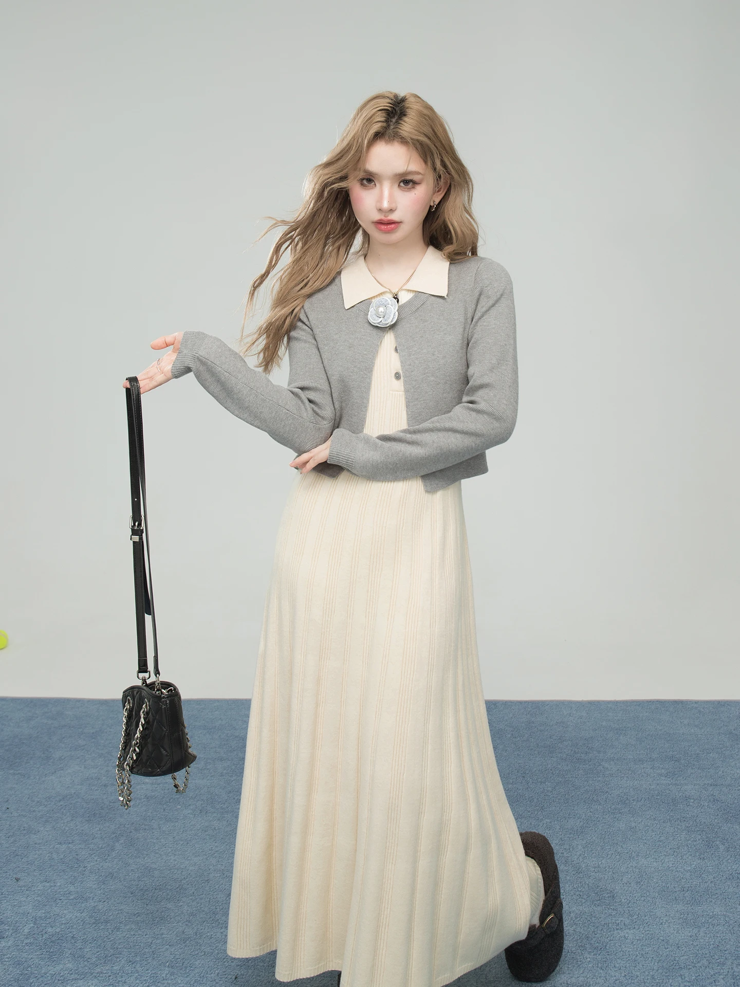 

High Quali Sister Soft Mist Apricot Layered Knitted Dr Set Women's Faion ort Sve Long Sve Polyester Nylon