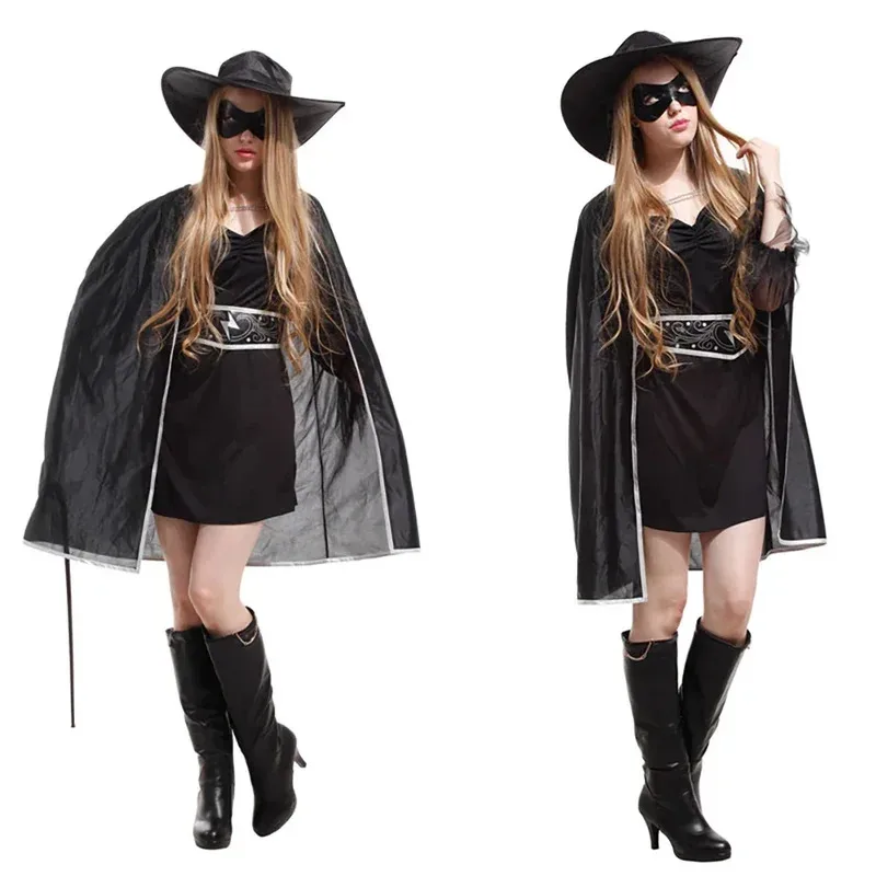 Adult Mascot Zorro Cosplay Costume With Cape Women Cape Jacket Eye Mask Belt Trousers Shoe Cover Hat Dress Up