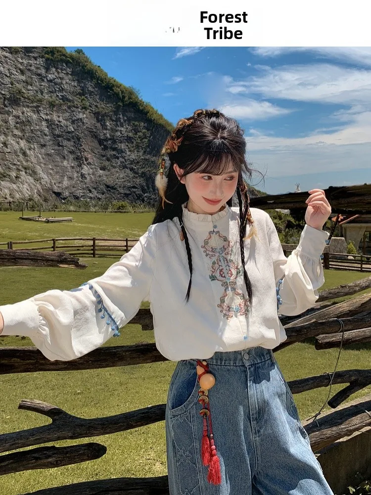 

Этнический Sle Long Sve с вышивкой, свободный крой, утягивающий фонарь Sve, женский осенний Новое поступление, модный повседневный топ