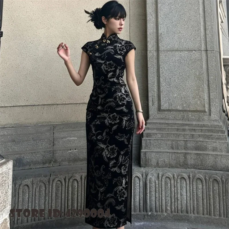 Elegant Black Velvet Print Flower Long Cheongsam New Chinese Style Female Qipao Chinese Dress Vestidos Gothic Halloween Costume