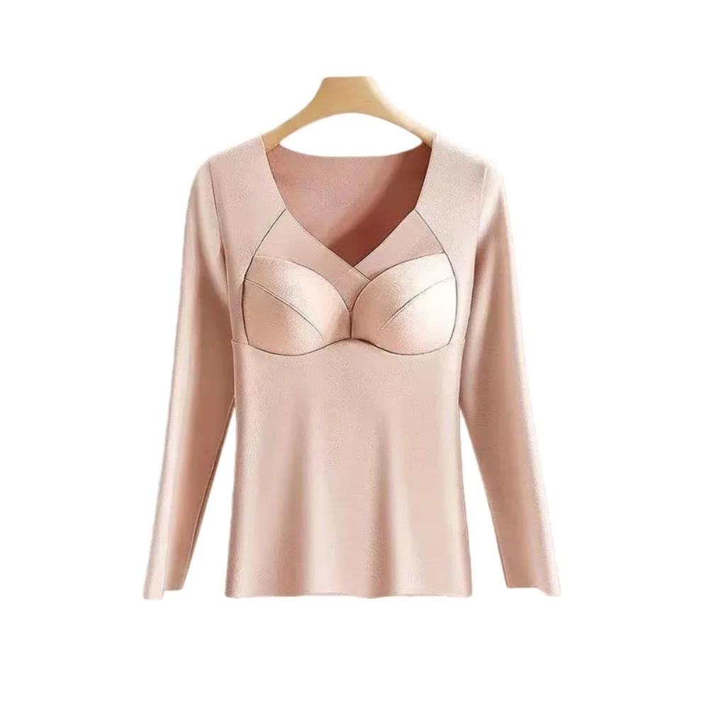 

V Mesh Neck Women Thermal Clothes Invisible Velvet Fleece Thermal Underwear Lingerie Feel Heating Warmth Long Tops Lady