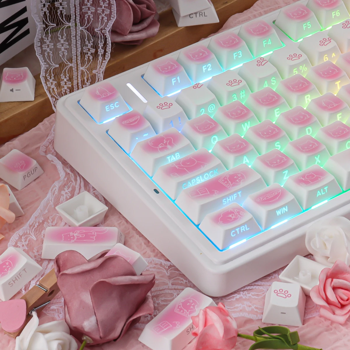 Rouge Kitten Side Backlight Keycaps 130 Keys PBT Material Cherry Profile DYE-SUB Personalized For MX Switch Mechanical Keyboard