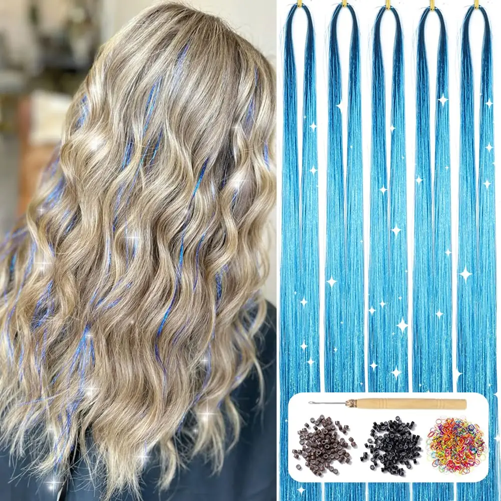 

Hair Tinsel Kit 48 Inch 1200 Strands Sky Blue Glitter Extensions Heat Resistant Sparkly Fairy Hair Accessories for Women Girls