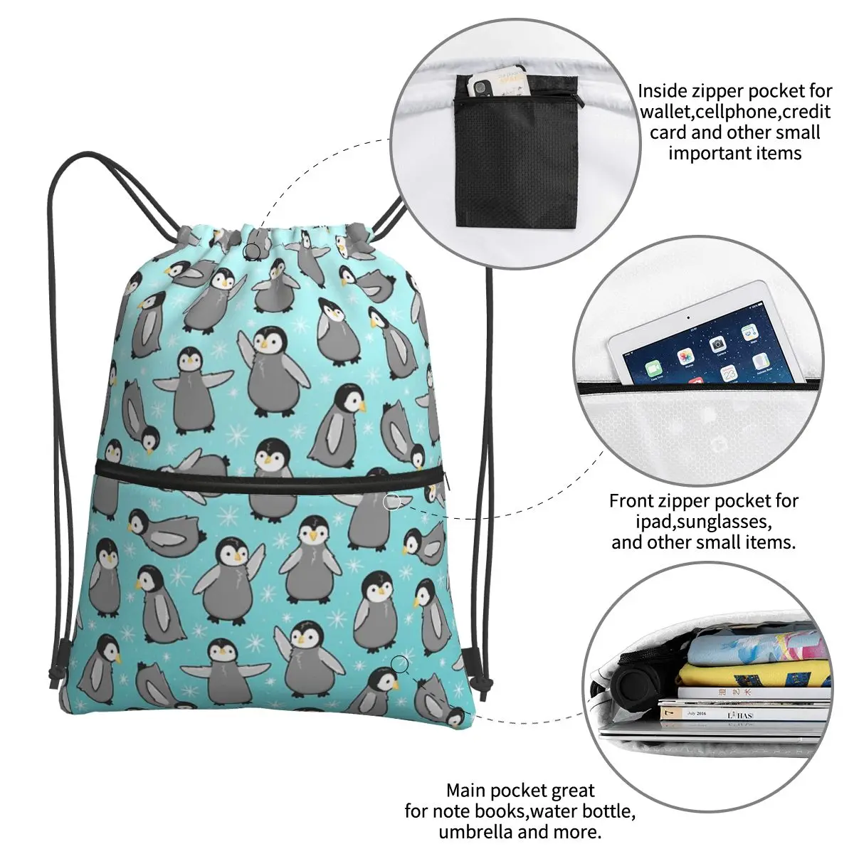 Pinguim Chicks Mochilas Portáteis, Drawstring Bag, Bundle Pocket, Diversos Sacos, Estudantes da escola, Moda