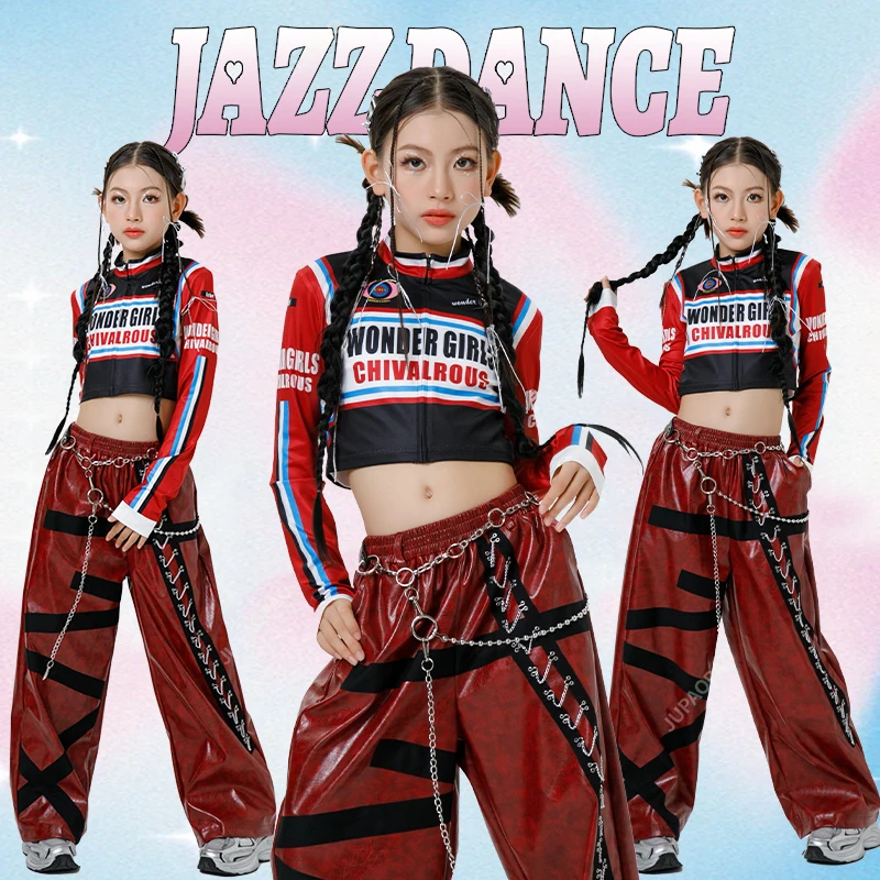 

2-3pcs Teen Kids Fashion Streetwear Stage Outfit Girls Kpop Hip Hop Clothes Jazz Dance Costume Red Crop Tops Cargo Pants