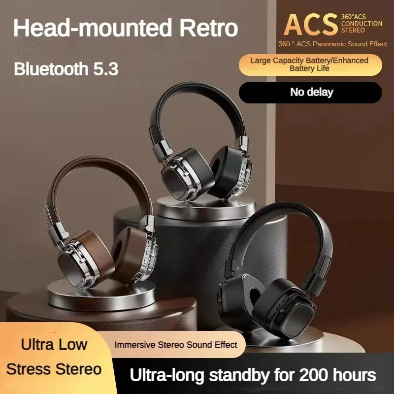 Retro Classic Over-Ear Headphone Bluetooth 5.3 DJ Stereo/TF Card Wireless Headphones Folding Sports Rock Music Headphoe with Mic