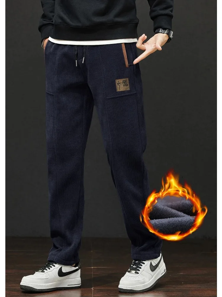 

2025 Winter Thick Men Casual Pants Soft Warm Embroidered Straight Velvet Trousers Fashion Loose Elastic Waist Plush Pants