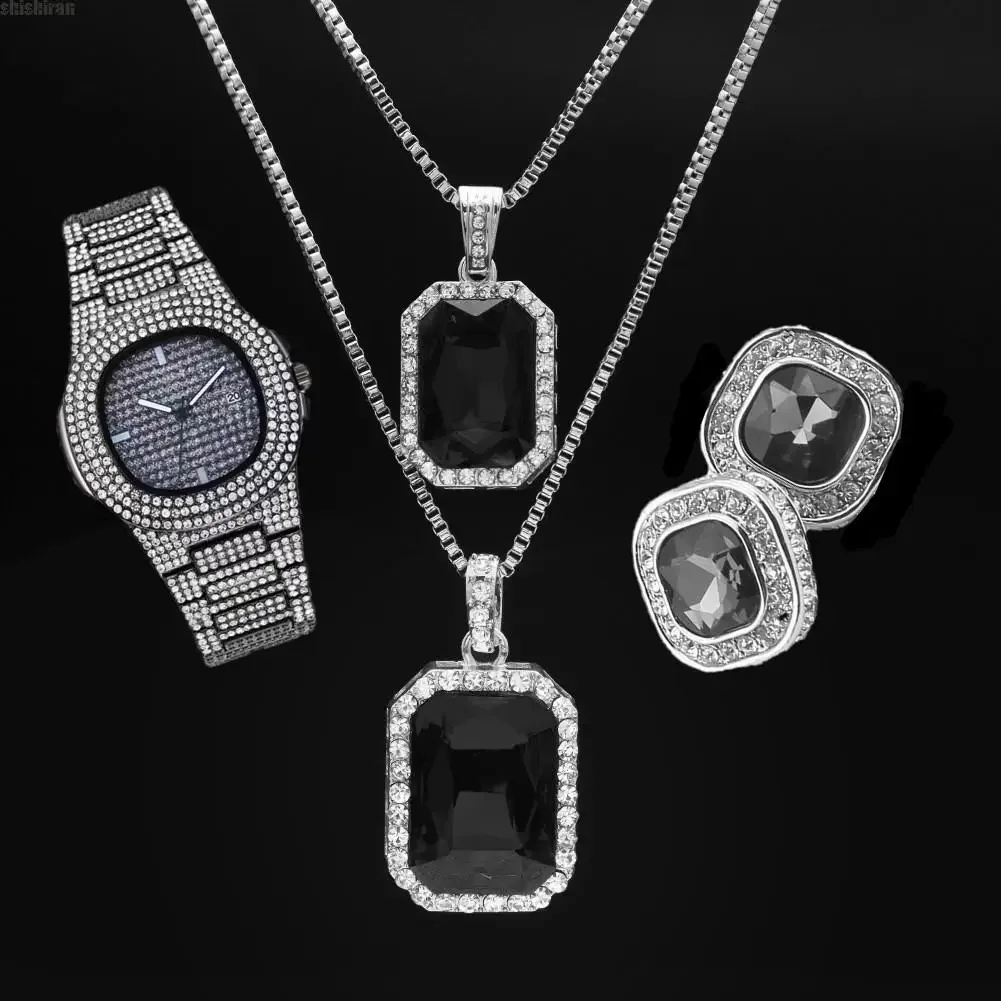 Hip Hop 4pcs Kit Silver Color Watch+nekclace +earrings Como Sets Bling Square Red Blue Black Crystal Cz Stone Men Jewelry Set