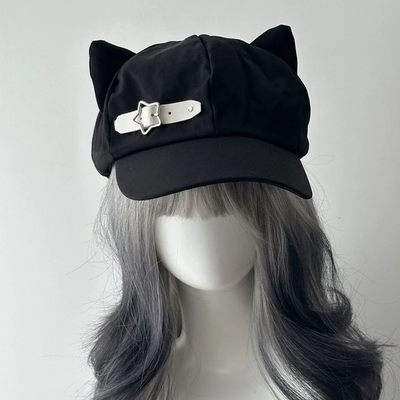 óm Lustige Wong Katzenohren Harajuku Gothic Lolita Baskenmütze Y2K Mädchen Steampunk Punk Reißverschluss Handgefertigte Sonnenhutkappe